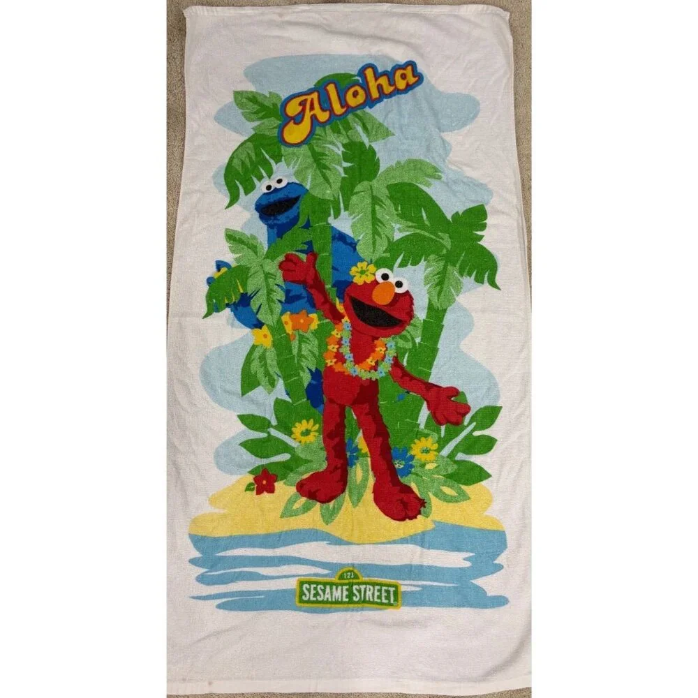 Vintage Sesame Street Elmo & Cookie Monster Aloha Beach Towel Kids Pool Fun